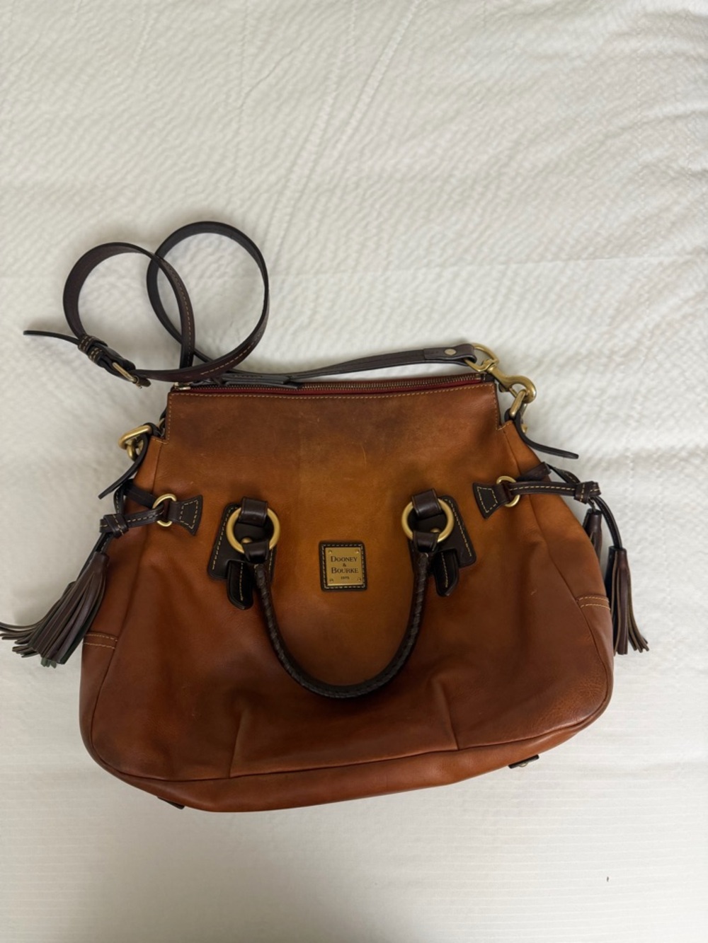 Dooney & Bourke Cognac Brown Leather Satchel with Dark Brown Trim